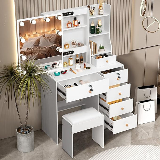 Vanity Mirror with Lights Desk and Chair, 5 Drawers and Cabinet, Makeup Table with Large HD Mirror Makeup Desk, 3 Lighting Modes, White Makeup Table with Stool