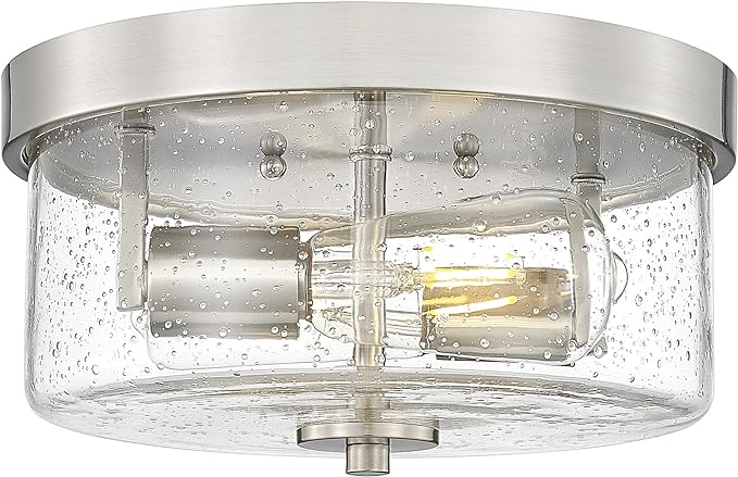 Emak 2-Light Brushed Nickel Ceiling Light Fixture, 11 Inch Flush Mount Light Fixture with Seeded Glass Shade for Bedroom, Living Room, Kitchen, Hallway, Bathroom, FM082-BN