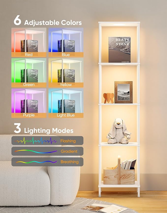 Display Shelf with RGBCW Light, Color Changing Curio Cabinet Floor Lamp with Shelves Corner Standing Column Lamp Etagere Organizer Tower Nightstand Bookcase for Living Room Bedroom Office Décor White