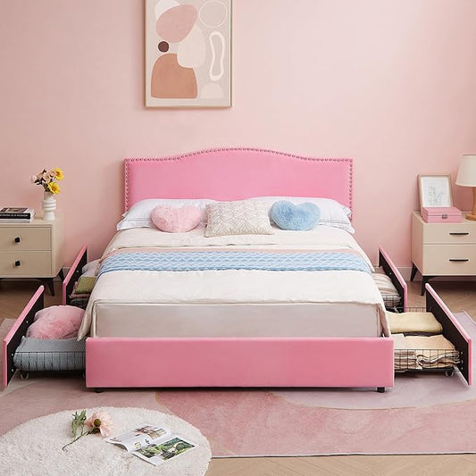 VECELO Queen Bed Frame, Platform Bed Frame with Underbed Storage Drawers and Adjustable Height Upholstered Headboard, Heavy-Duty Frame and Strong Wooden Slats Support, Noise-Free, Easy Assembly, Pink