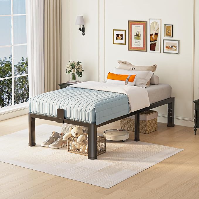 14 inch Twin Bed Frame with Rounded Corner Legs and Headboard Hole Mattress Slide Stopper 3500 LBS Heavy Duty Support Metal Platform,No Box Spring Needed, Noise Free, Easy Assembly