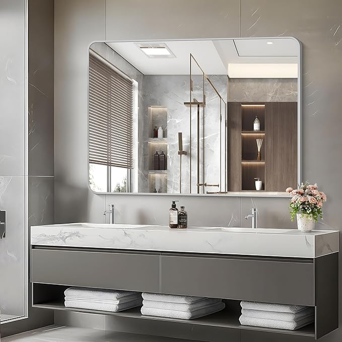 48x36 Inch Silver Bathroom Mirror, Large Rectangular Vanity Mirror, Metal Framed Rectangle Mirrors, Rounded Corner Wall Mounted Mirrors for Living Room Bedroom Entryway Horizontal or Vertical