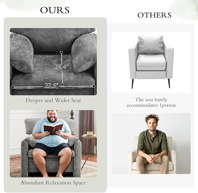 39" Modern Chenille Oversized Armchair, Wide Accent Chair, Mid Century Single Sofa Chairs, Comfy Upholstered Reading Chair for Living Room, Bedroom, and Apartment (Grey)