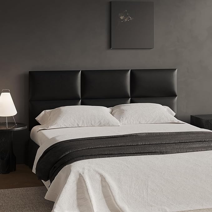 Black Stick-On Wall Mounted Headboard - 12-Piece Modular Bed Backboard for Queen Size Beds, 24 x 12 Inches Each, Easy-to-Install Sound-Proofing Decorative Bed Headboard Queen