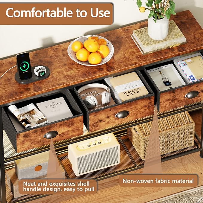 Furologee Console Table with Charging Station & 3 Fabric Drawers, 38'' Entryway Table with Storage Shelves and LED Light for Entry Way, Industrial Display Shelf for Hallway, Foyer, Rustic Brown