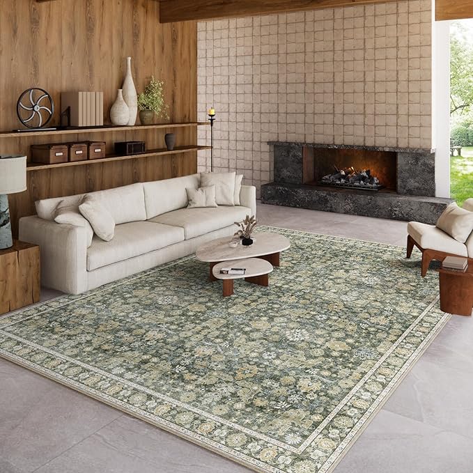8x10 Washable Area Rugs Ultral Soft Non-Slip Stain Resistant Vintage Boho Large Carpet for High-Traffic Living Room & Dining Room