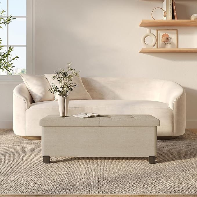 STORAGEBUD Storage Ottoman Bench with Bins, 43-in Storage Bench for Bedroom End of Bed, Folding Foot Rest Ottoman for Living Room Max 660lbs, Fabric Ottomans, Beige