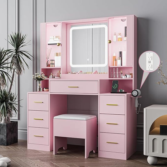 Makeup Vanity with LED Light Strip Mirror and Chair, 7 Drawers & 2 RGB Cabinets Pink Vanity Makeup Desk with Power Strip, Adjustable LED Lighting, and Cushioned Stool for Women, Girls, Teens