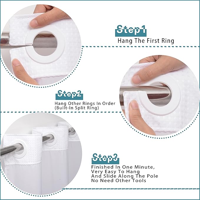 Conbo Mio No Hook Waffle Weave Shower Curtain with Snap in Liner Set, Hotel Luxury Boho Shower Curtains for Bathroom with See Through Top Window, Waterproof, Washable 71W x 74H White