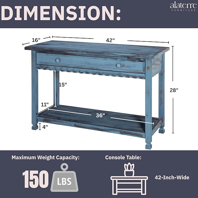 Alaterre Furniture Rustic Cottage Media Console Table, Antique Blue with 1 Drawer and 1 Shelf, Hardwood Construction, Ideal for Living Room or Entryway