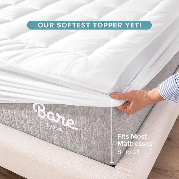 Bare Home Twin XL Mattress Topper Cotton Top - Twin Extra Long - Soft Plush Topper for Mattress - College Dorm Room Essentials - Cooling Breathable Air Flow - 8" to 21" Deep Pocket (Twin XL, White)