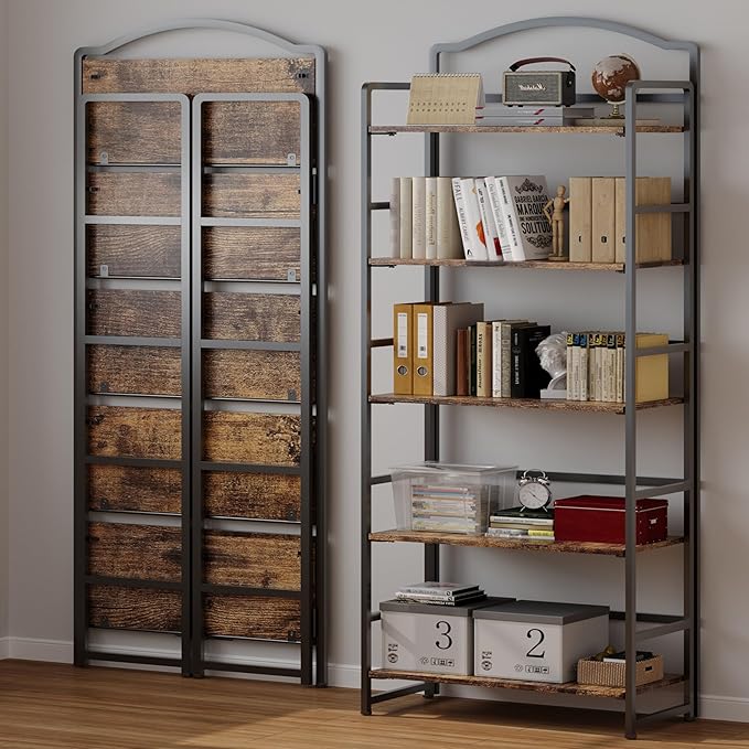 JSB No Assembly Folding Bookshelf, 5 Tier Book Shelf for Storage, Vintage Wood Foldable Bookcase for Living Room, Bedroom, Office Organization Shelves