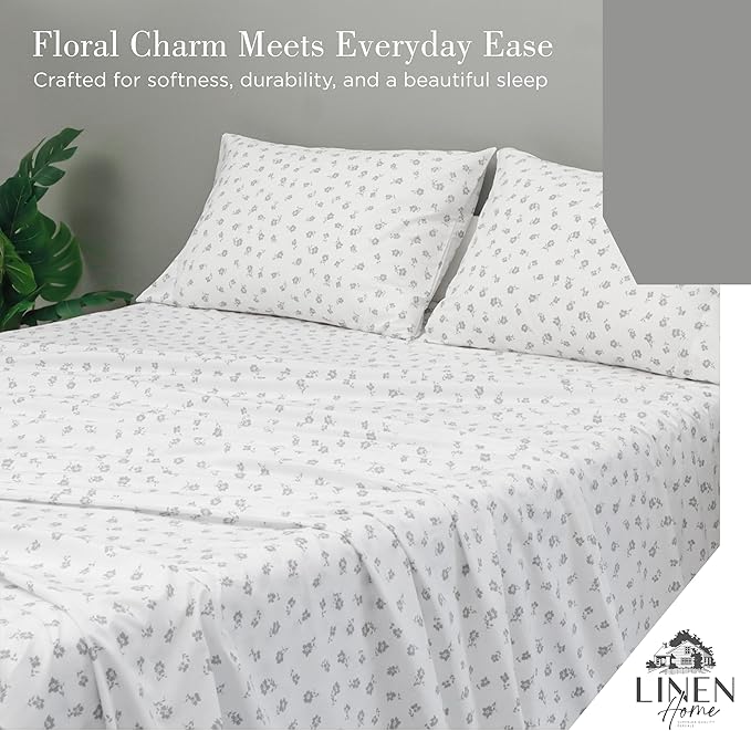 Linen Home 100% Cotton Printed Percale Sheets California King Size, Deep Pocket, 4 Pieces Set - 1 Flat, 1 Deep Pocket Fitted Sheet and 2 Pillowcases, Crisp Cool Bed Linen, Grey Silhouette Floral