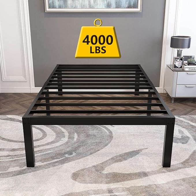18 Inch Tall and Strong Platform Metal Bed Frame/Easy Assembly Mattress Foundation/ 4000lbs Heavy Duty Frame with Steel Slat Support/No Noise/No Box Spring Needed，Twin