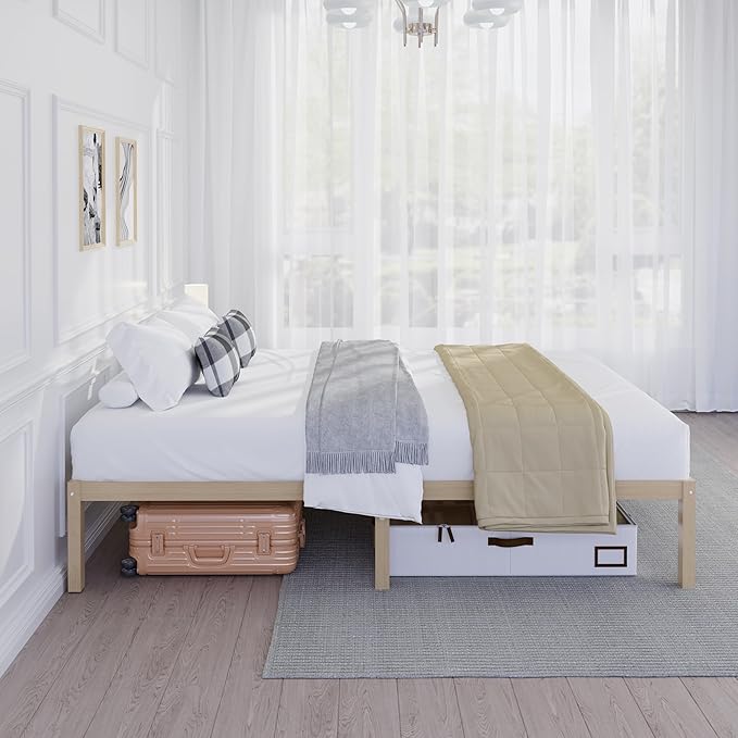 14 Inch Bamboo Bed Frame – Queen Size Solid Wood Platform Bed Frame, Strong and Stable, with Non-Slip Slats for Support, No Box Spring Needed, Easy to Assemble, Noise-Free (Natural, Queen)