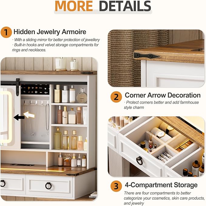 HNEBC Farmhouse Makeup Vanity Desk with Sliding Mirror and Lights,40" W Glass Tabletop Vanity Table with Charger,LED Vanity Set with Jewelry Armoire,6 Drawers,10 Shelves,Adjustable Cabinet