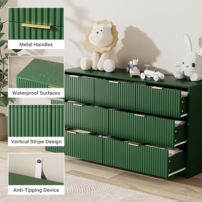 Green Dresser for Bedroom, Modern Dresser with 6 Drawers and Smooth Slides, Wide Chest of Drawers with Golden Handles for Bedroom, Living Room, Closet, 15.7" D x 55.1" W x 31.4" H