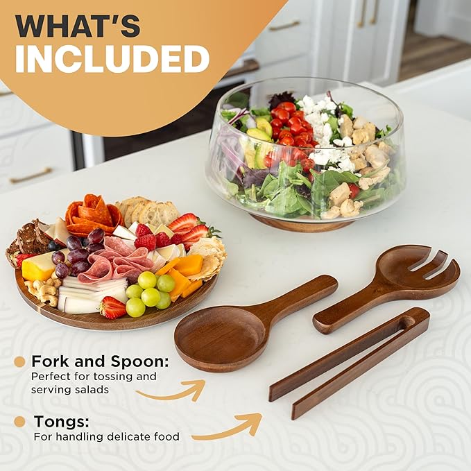 Large Glass Salad Bowl with Lid Set, 5.7 L Decorative Glass Mixing Bowl, Trifle and Serving Bowls with Lids as Cheese Charcuterie Board and Plate, Comes with Wood Serving Utensils