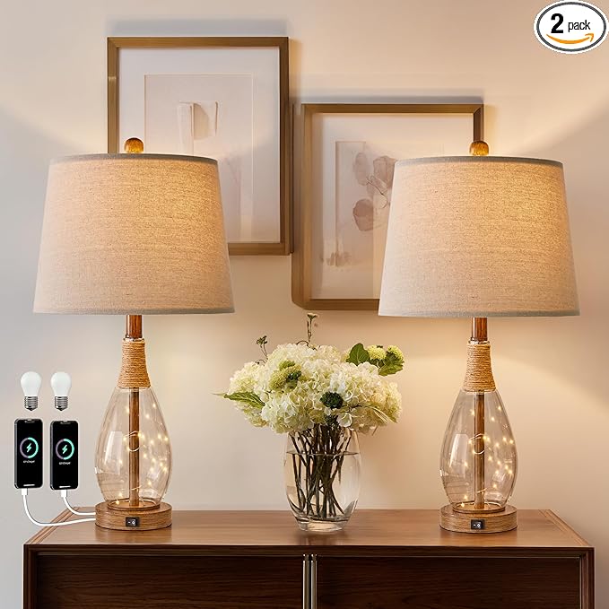 OYEARS Table Lamp Sets of 2,Lamps for Living Room,Bedside Lamps with USB A+C and Nightlight,Retro Farmhouse Rattan Glass,for Bedroom Living Room Bedroom,Two Light Points,23"