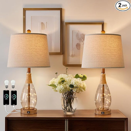 OYEARS Table Lamp Sets of 2,Lamps for Living Room,Bedside Lamps with USB A+C and Nightlight,Retro Farmhouse Rattan Glass,for Bedroom Living Room Bedroom,Two Light Points,23"