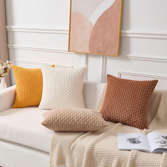 Kevin Textile Fall Decorative Pillow Covers Set of 2 Striped Plush Corduroy Pillows Pillowcases Boho Home Decor Cushion Covers for Couch Sofa Bed Living Room 20x20 Inch, Burnt Orange