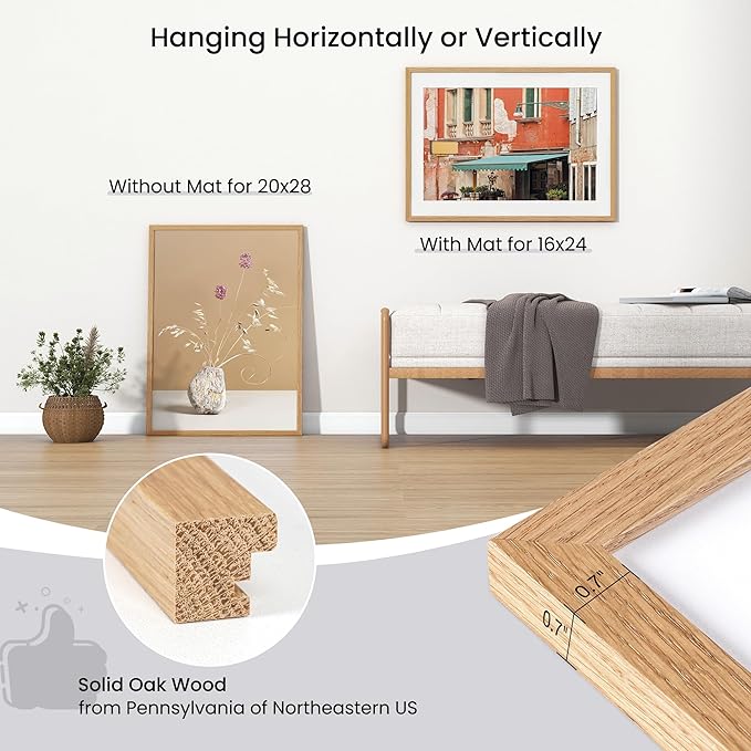 Axeman 20x28 Frame | Solid Oak Wood 20x28 Picture Frame With Mat for 16x24 | 28 x 20 Wood Poster Frame | Tempered Glass and Hanging Hardware Included Home Wall Decor Art Hanging Frame | Natural