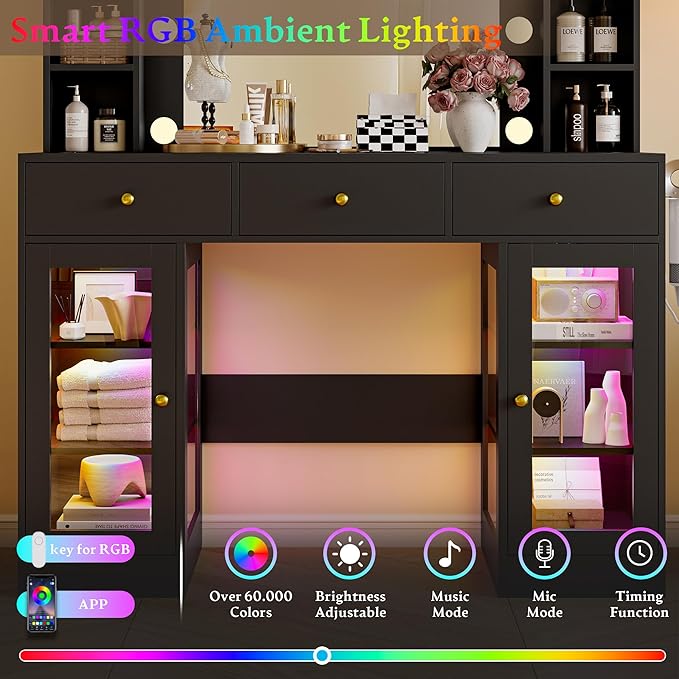 Makeup Vanity Desk with Mirror and Lights, Black Vanity with Glass Top, LED Lights & Power Outlet, 3 Drawers & 2 RGB Glass Cabinets, Adjustable Lighted Dressing Table for Women & Girls Bedroom