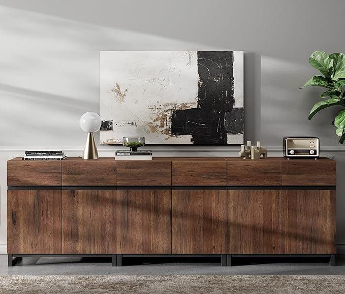 Wampat Modern TV Stand for 100 inch TVs, 3 in 1 Entertainment Center Console with Adjustable Shelves and Metal Base for Living Room, Bedroom, Brown