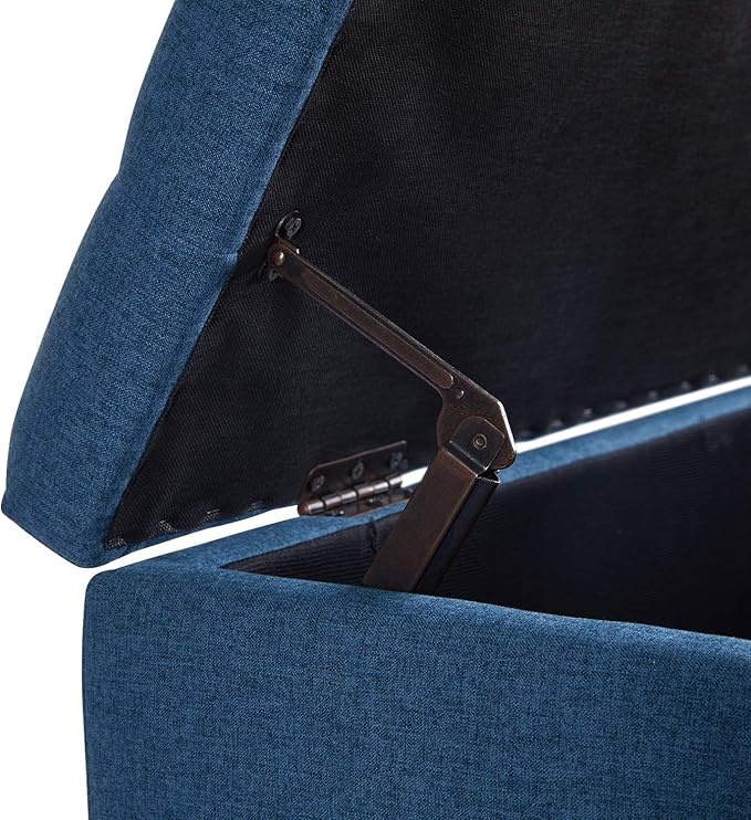 HUIMO Button-Tufted Ottoman with Storage in Upholstered Fabrics, Large Storage Bench for Bedroom, Living Room, Entryway, Bench with Safety Hinge Hold Up to 300lbs (Blue)