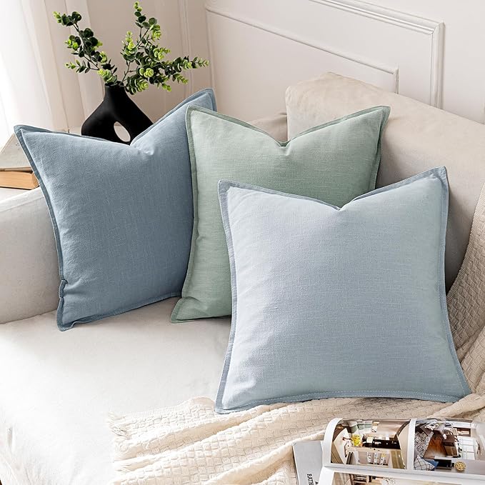 MIULEE Decorative Linen Euro Sham Pillow Covers 22x22 Inch Aqua Green Boho Farmhouse Neutral Couch Throw Pillows for Bed Pack of 2 Accent Modern Pillowcase Summer Sofa Livingroom Home Decor