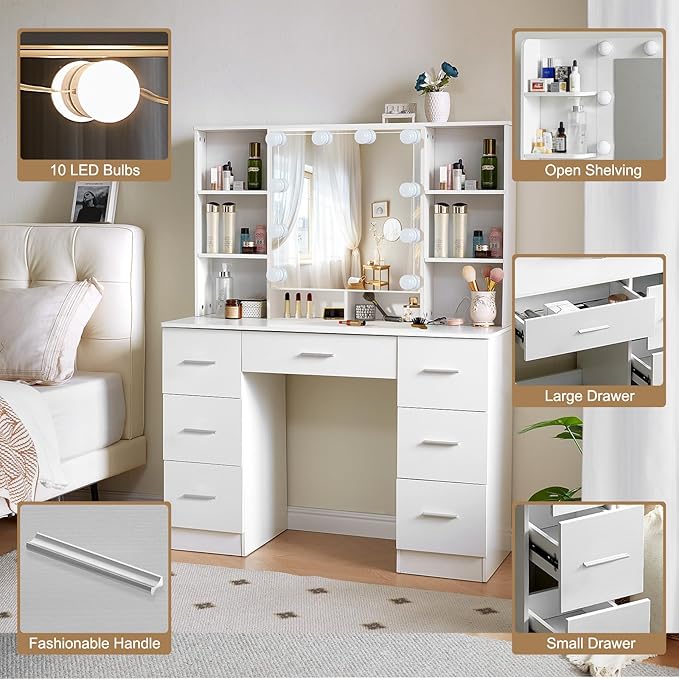 Makeup Vanity with Mirror and Lights, Vanity Desk with Chair and 7 Storage Drawers, White Vanity with Lights for Bedroom, Dressing Table Set for Women and Girls