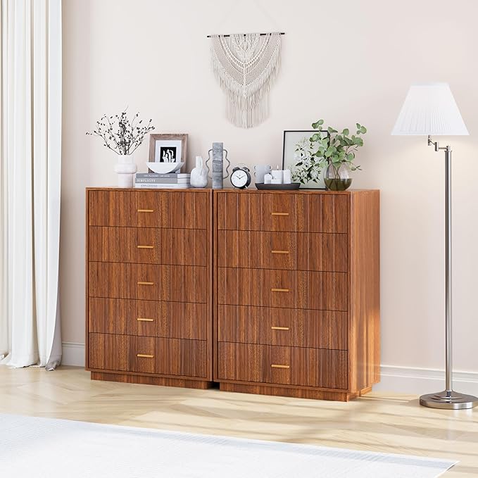 Fluted 5 Drawers Dresser for Bedroom, Wooden Tall Storage Dresser TV Stand, Curved Profile Modern Chest of Drawers, Wood Closet Clothes Storage Organizer for Living Room Hallway,Walnut 2 Sets