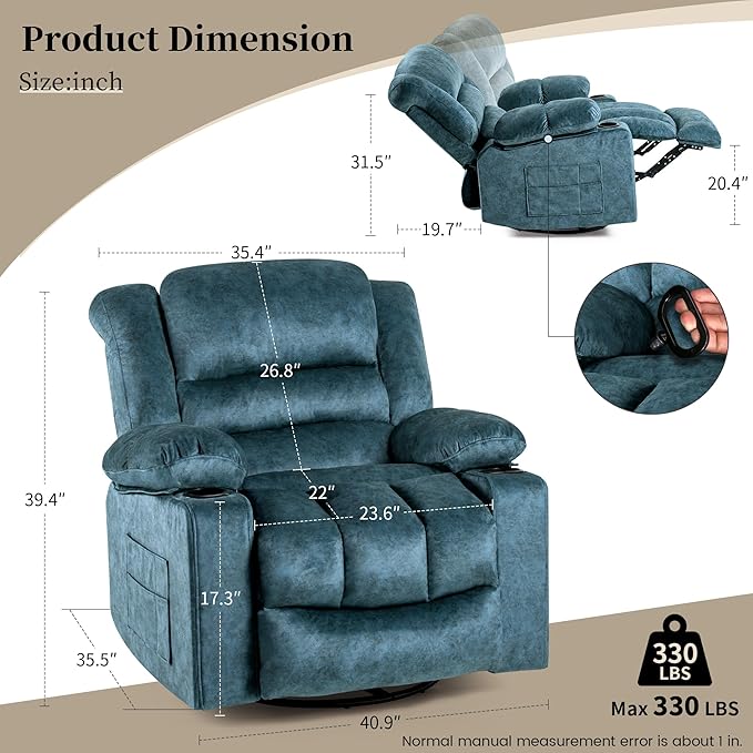 Recliner Chair Rocker Modern Ergonomic Lounge 360 Degree Swivel Single Sofa Seat Living Room Lounge Recliners on Clearance Foam Filling