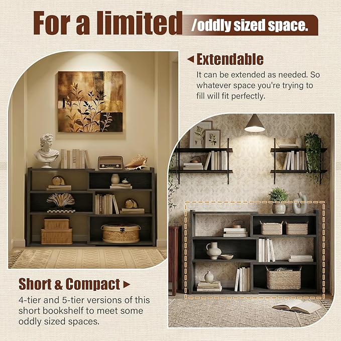 Armocity Book Shelf - Small Expandable Ladder Shelf, Short Corner Bookshelf for Small Spaces, 4 Tier Wood Narrow Bookcase, for Living Room, Bedroom, Entryway, Grey Oak