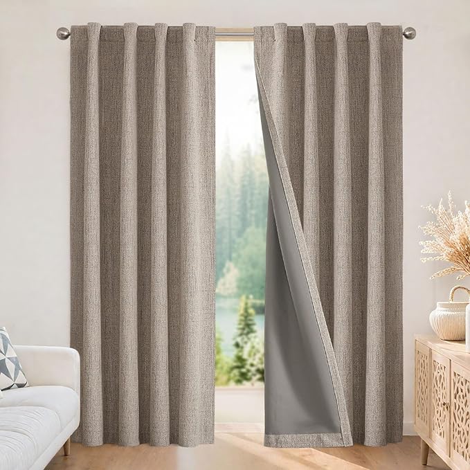 Joydeco 100% Blackout Curtains for Bedroom - Natural Linen Curtains 100"W x 96"L Long, Thermal Insulated 1 Panels Linen Light Blocking Drapes, Rod Pocket & Back Tabs, Darkening Privacy for Living Room