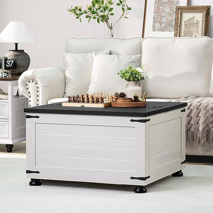 Farmhouse Coffee Table with Hidden Storage, Square Large Center Table for Living Room, Vintage Cocktail Tables with Flip-Top Lids, Farm House Tables with Wood Gourd Feet, Antique White & Black
