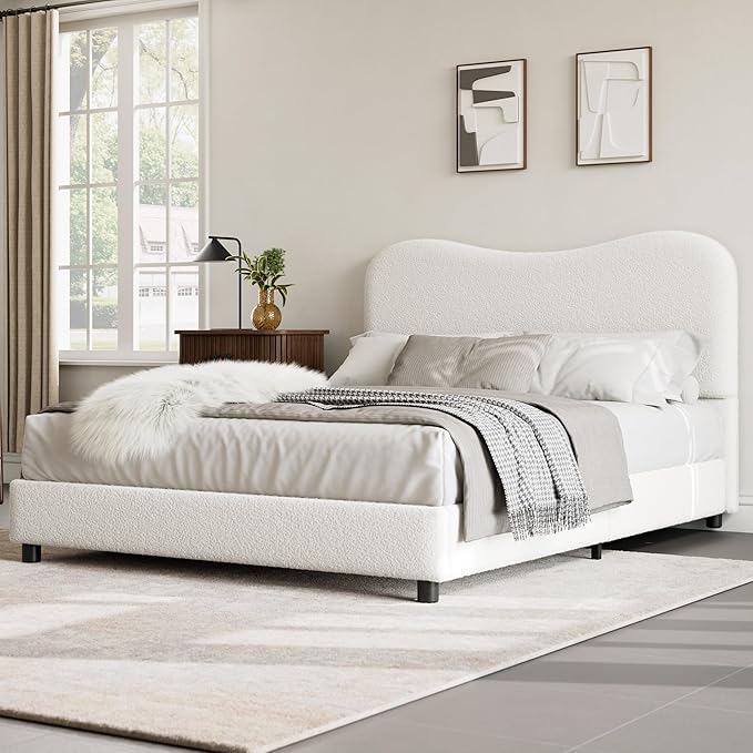 GarveeHome Upholstered Queen Bed Frame with Headboard, Upholstered Velvet Low Profile Platform Bed, No Box Spring Needed, Strong Wooden Slats, Noise Free, Easy Assembly, White