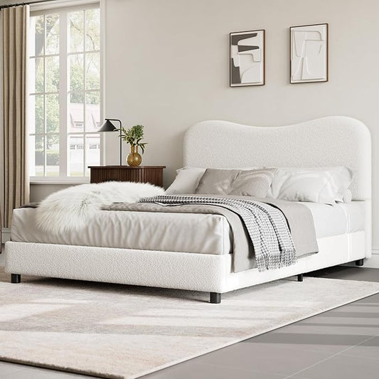 GarveeHome Upholstered Queen Bed Frame with Headboard, Upholstered Velvet Low Profile Platform Bed, No Box Spring Needed, Strong Wooden Slats, Noise Free, Easy Assembly, White