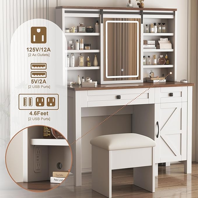 Makeup Vanity Desk with Sliding Mirror and Lights, Dressing Table Set with Hairdryer Holder, Storage Shelves and Drawers, Large Vanity with Stool (Includes Upholstery &Storage Space) for Bedroom