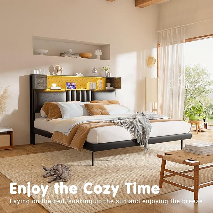 Unikito Upholstered Headboard for Twin Size Bed with Storage and Cabinet, Headboards with Power Outlets, USB Ports and LED Light, Twin Size Head Board Only, Sturdy and Stable Headboard, Black Oak