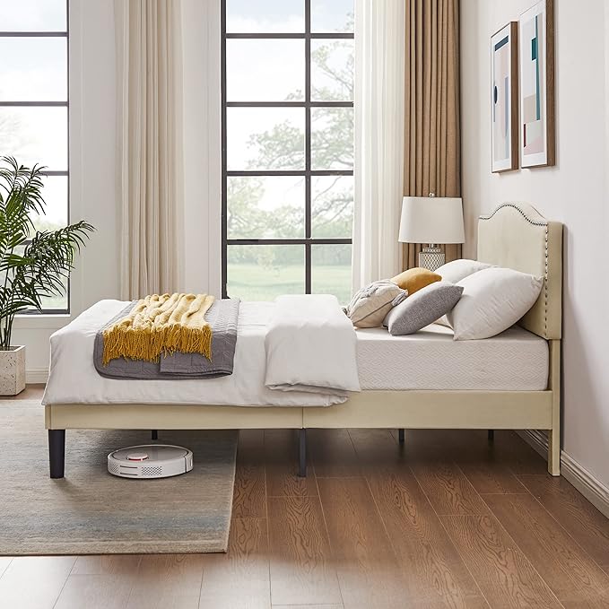 VECELO Queen Bed Frame Platform Bed Frame with Upholstered Headboard, Strong Frame and Wooden Slats Support, Strong Weight Capacity, Non-Slip and Noise-Free, Easy Assembly,Beige