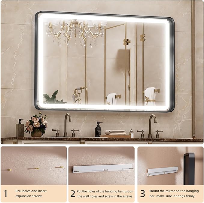 Hasipu LED Bathroom Mirror with Lights 40 x 26 Inch, Black Metal Frame Light Mirror for Vanity Anti-Fog, Dimmable, 3 Colors (Horizontal/Vertical)