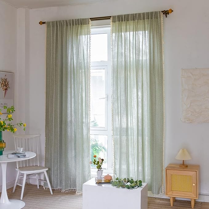 Boho Curtains Embroidery Striped Linen Curtains 96 Inches Long 2 Panels for Bedroom Sage Green Farmhouse Curtains Bohemian Light Filtering Window Curtains for Living Room( 52" W x 96" L,Sage Green)