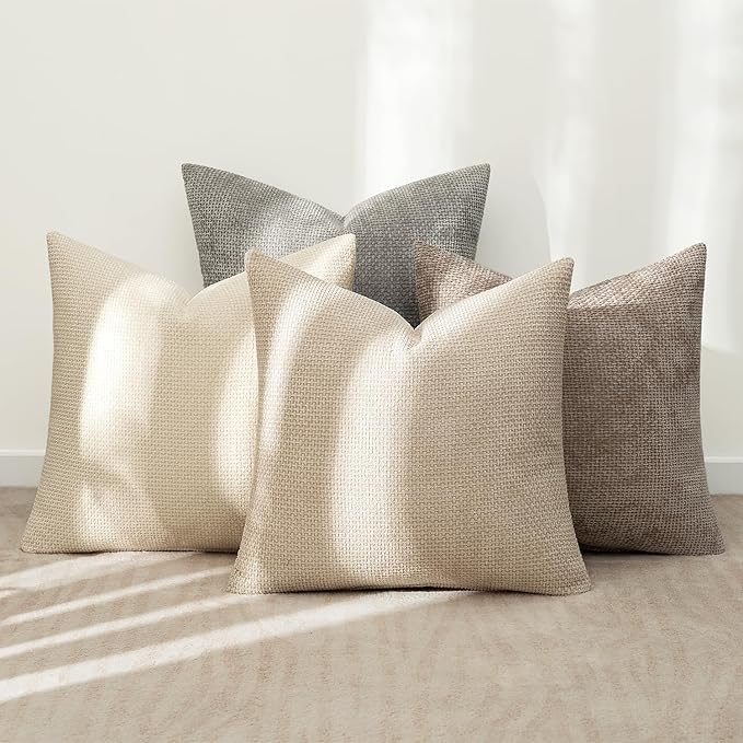 MIULEE Pack of 4 Couch Throw Pillow Covers 16x16 Inch Neutral Beige/Brown Soft Decorative Chenille Pillow Covers Farmhouse Accent Cushion Covers for Boho Home Decor Sofa Bedroom Living Room