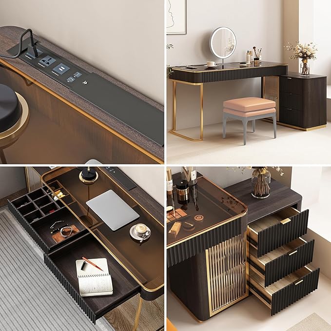 Lartis Office Desk, Very Easy to Assemble, Computer Desk, Home Telescopic Writing Desk, Modern Computer Desk with Retractable Cabinet Built-in LED Lights (Black Brown, 47 in)