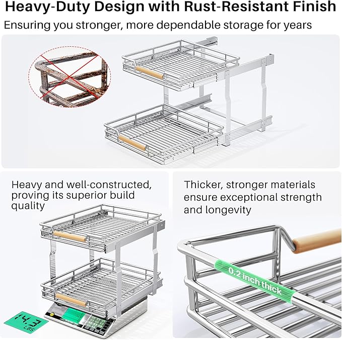 Kitstorack Pull out Cabinet Organizer, 2 Tier Heavy Duty Smooth Sliding Under Cabinet Shelves for Pots and Pans,Roll out Drawers with Thickened Chrome Plating(17" W X 21" D)