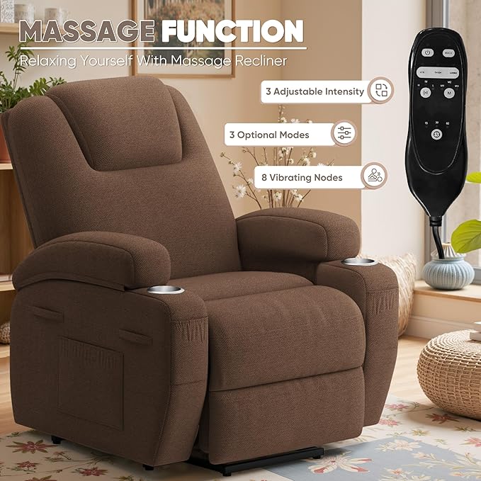 Power Lift Recliner Chair with Massage Electric Lift Chair for Elderly, Ergonomic Recliner with Cup Holders & Side Pockets, Modern Single Sofa for Living Room (Fabric, Brown)