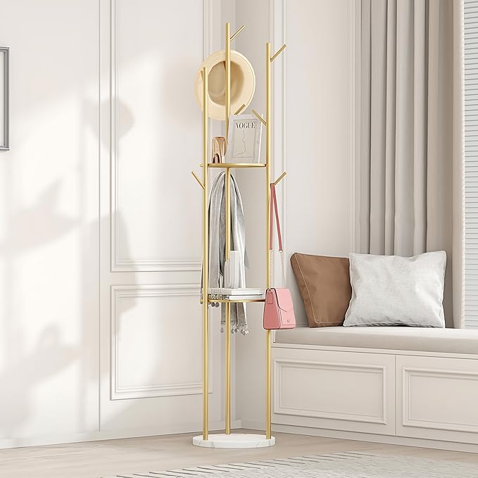 Gold Coat Rack Stand, Metal Coat Racks Tree Hanger Freestanding with 3 Storage Shelves and 9 High-grade Hooks and Stable Marble Base, for Jackets、Hat、Umbrella
