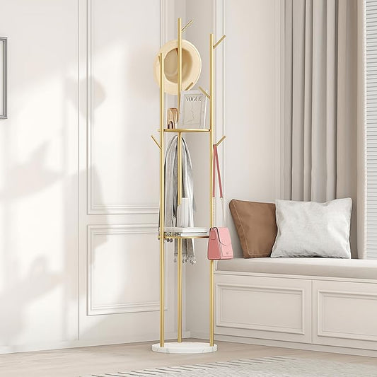 Gold Coat Rack Stand, Metal Coat Racks Tree Hanger Freestanding with 3 Storage Shelves and 9 High-grade Hooks and Stable Marble Base, for Jackets、Hat、Umbrella