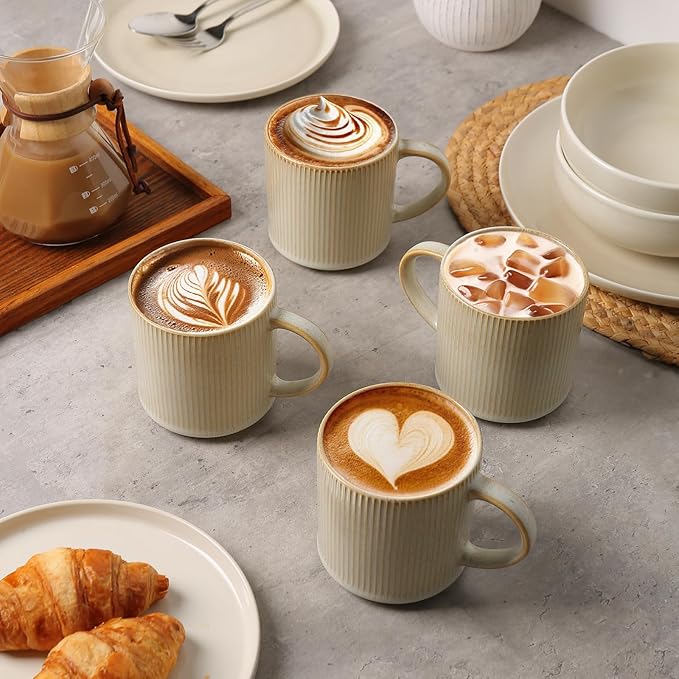 MONITO 16Oz Coffee Mugs Set of 4, Rustic Ceramic Coffee Cups Set with Large Handle, Vintage Striped Stoneware Coffee Mugs for Latte, Cocoa, Tea, Milk, Microwave & Dishwasher Safe, Bonbon Beige